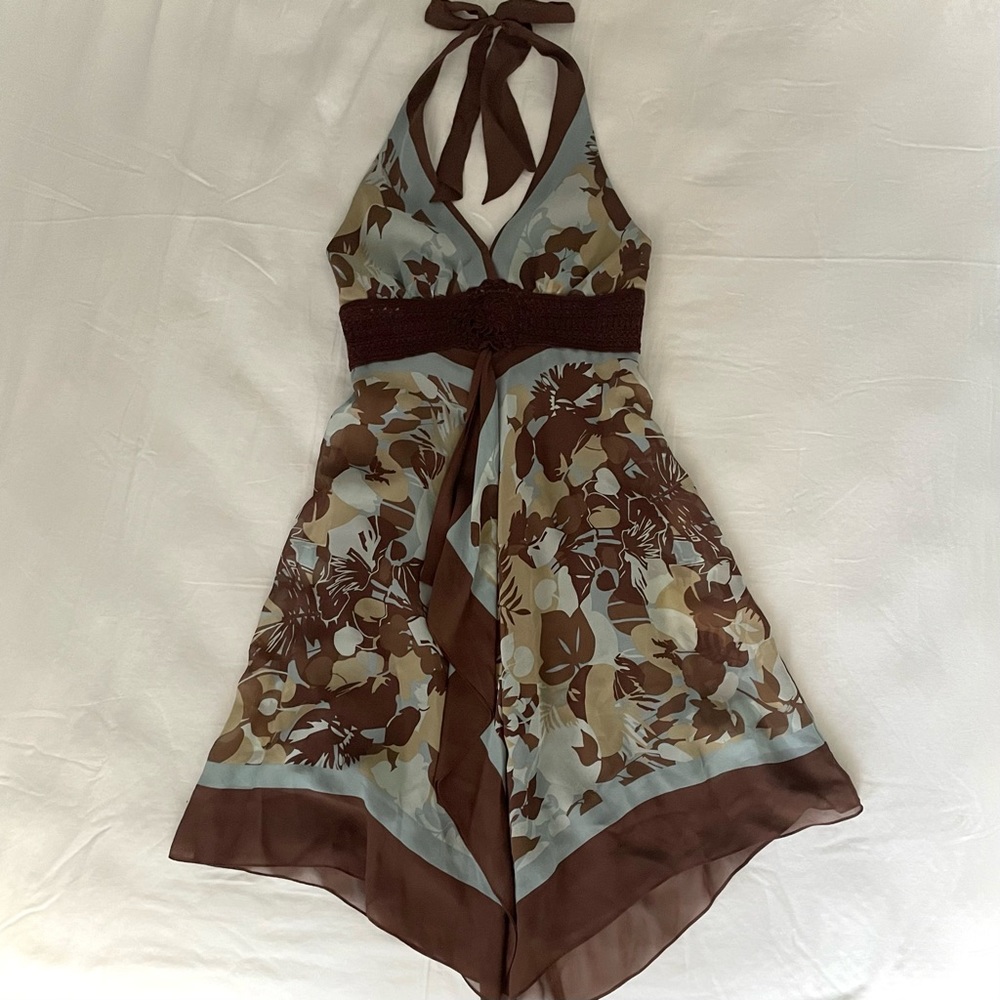 Asymmetrical Silk Halter Midi dress with knitted crochet flower